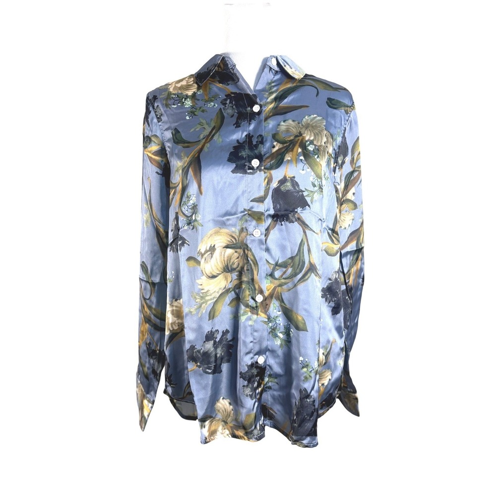 Elie Elie Tahari Womens Blue Floral Satin Button‎ Down Blouse Size Small NWT